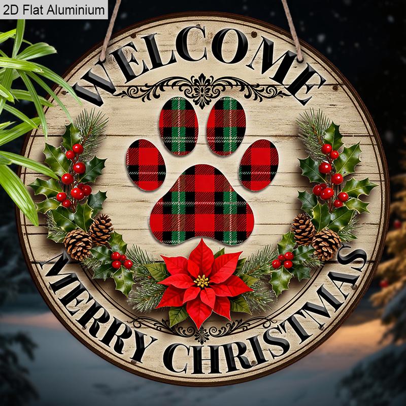 2D Flat Aluminium Christmas Welcome Sign with Paw Pattern - Navidad Figurine Ornaments - Ideal for Front Door, Wall, Porch, Fence Decor - Ideal