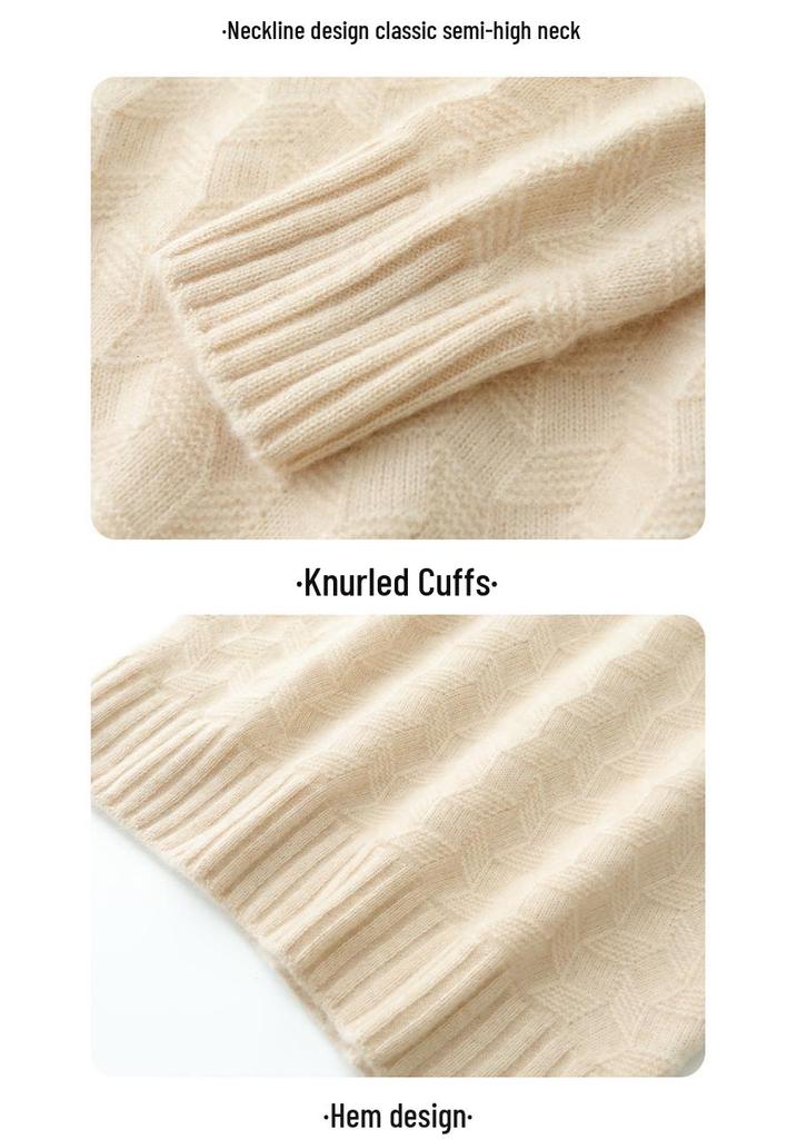 Twisted Flower Half-High Collar Cashmere Knit Sweater - Women's Solid Color, Long-Sleeve, Versatile Pullover, Comfortable Base Layer.