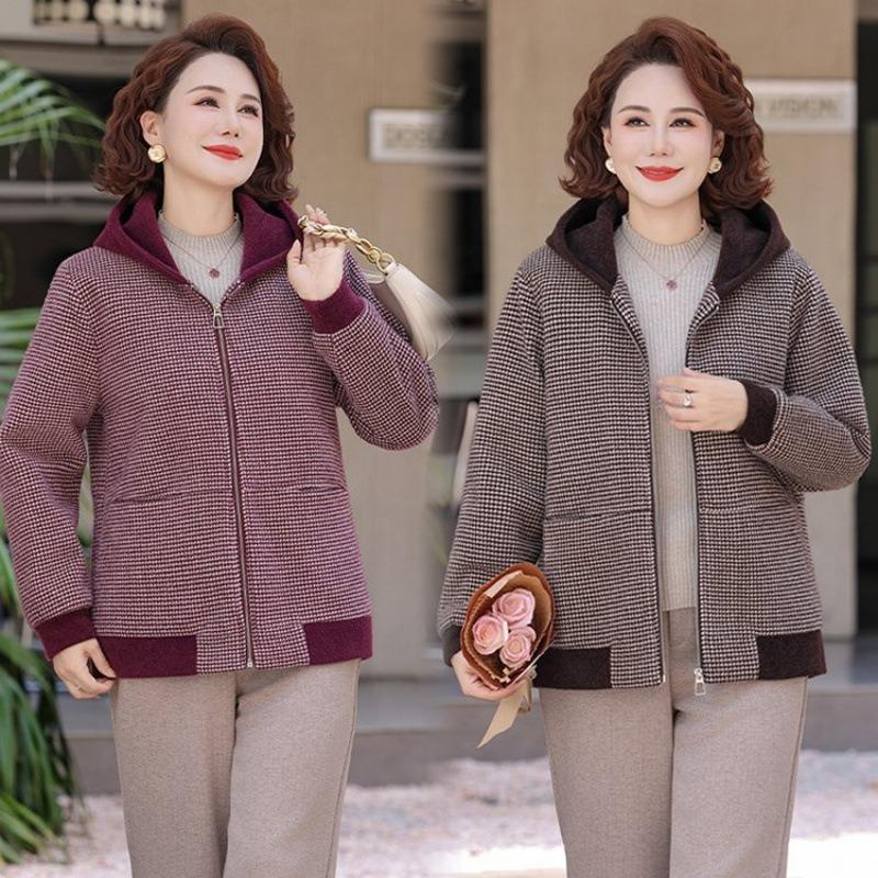 Temperament Mom Autumn Jacket Noble Plaid Top Aged Elderly Women's Autumn and Winter Hooded