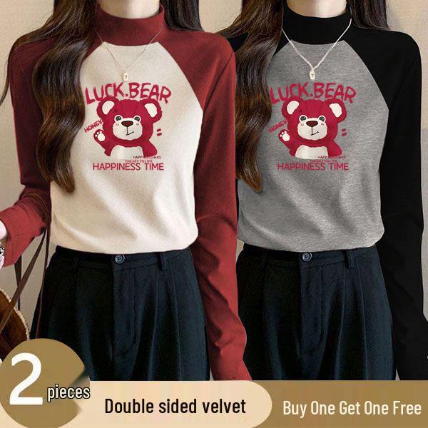 Two-Piece Women's Velvet Color Block Semi-High Neck Warm Slim Fit Shirt