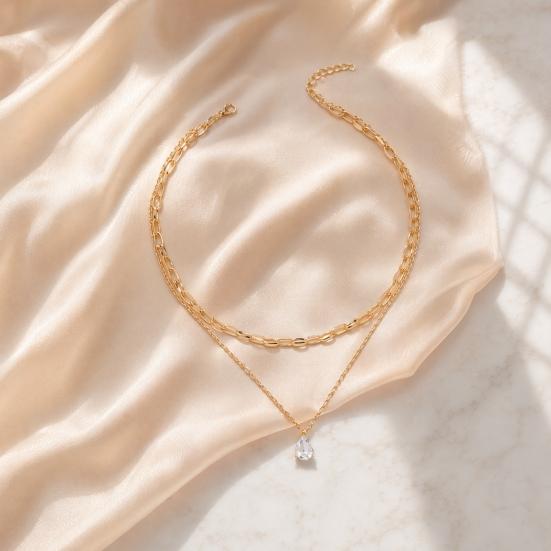 Cubic Zirconia Drop Necklace, Double-Layered Chain Necklace, Elegant Chain Choker Water Drop Pendant Necklace, Jewelry Gift for Women Wife Her