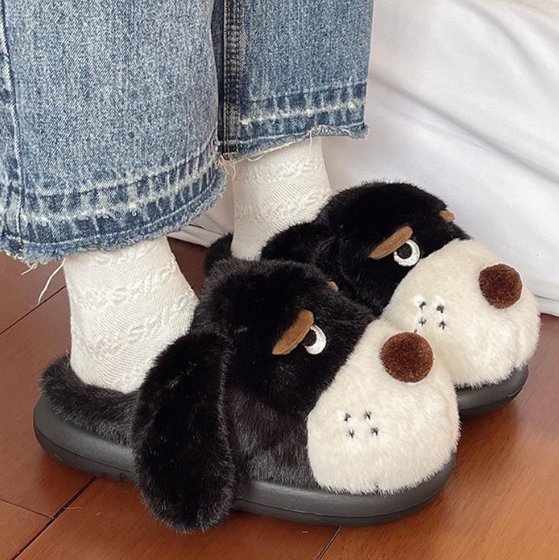 Fashion Indoor Fluffy Slippers For Women Winter Platform Shoes Cute Cartoon Dog Warm Plush Anti-slip Girls Home Floor Cotton Slides