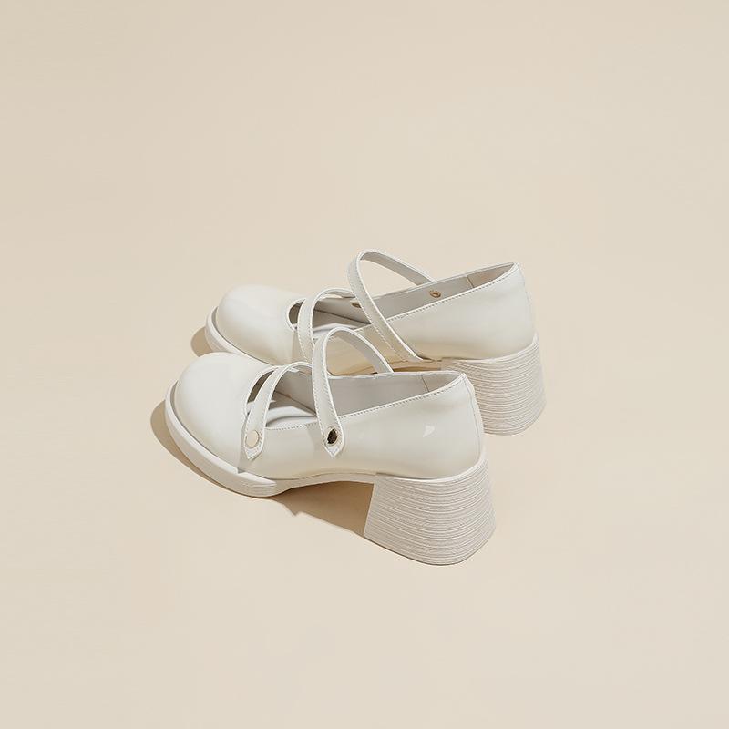 

French high-heeled Mary Jane shoes for women s spring and autumn new round head with thick heels single shoes retro light mouth small leather shoes 40 грязно-белый