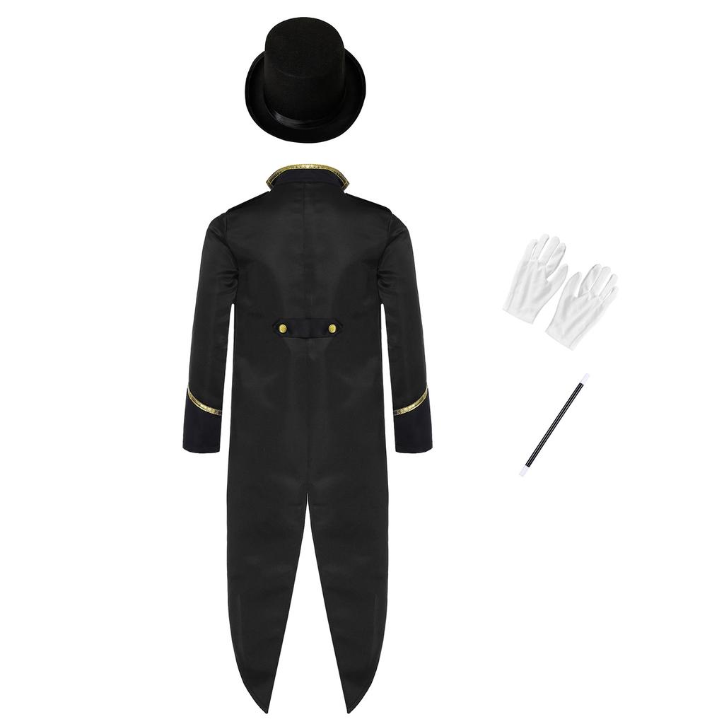 Dětský viktoriánský steampunkový kostýmový set Čtyřdílný smokingový frak s cylindrem, rukavicemi a kouzelnickou hůlkou Maškarní