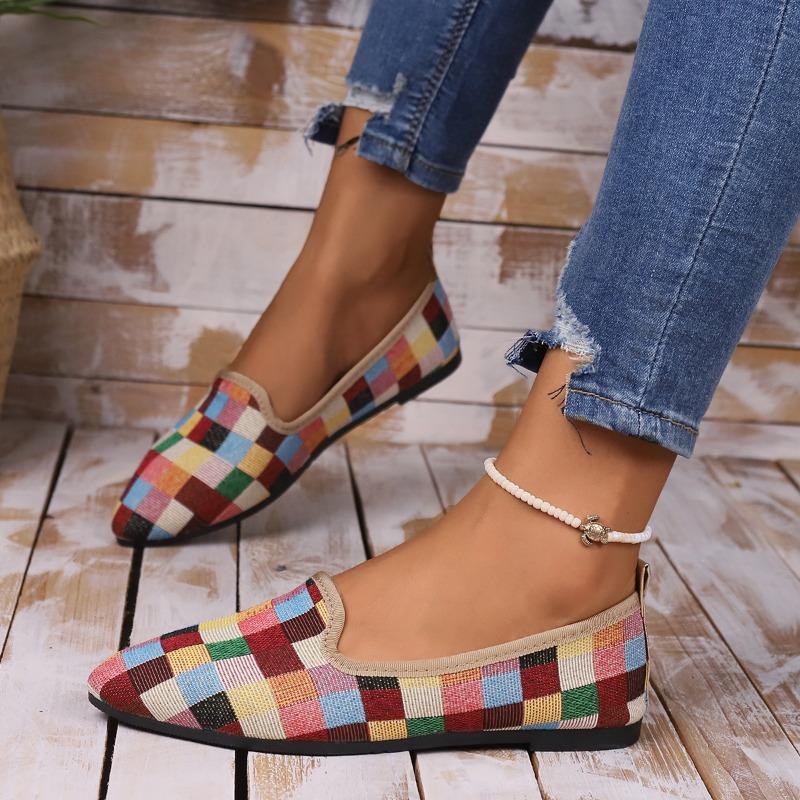 Barevné kostkované ploché boty 2024 Ležérní Sportovní Dámské Plochá Podešev Jednobotka Špičaté Vulkanizované Dámské Boty Zapatillas Mujer