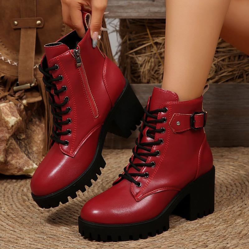 Fashion Fashion High Heel Boots Women's Round Toe Metal Buckle Side Zip Front Lace-Up Platform Non-Slip Shorthole Boots