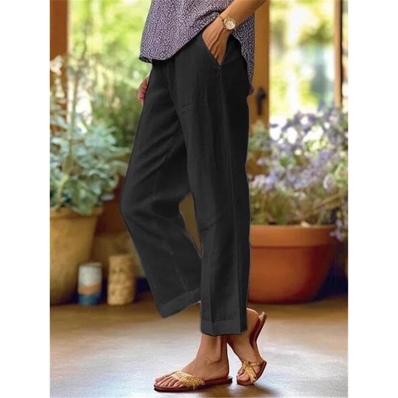 Women's Cotton And Linen Plus Size Plus Loose Solid Color Elastic Waist Pocket Straight Casual Pants