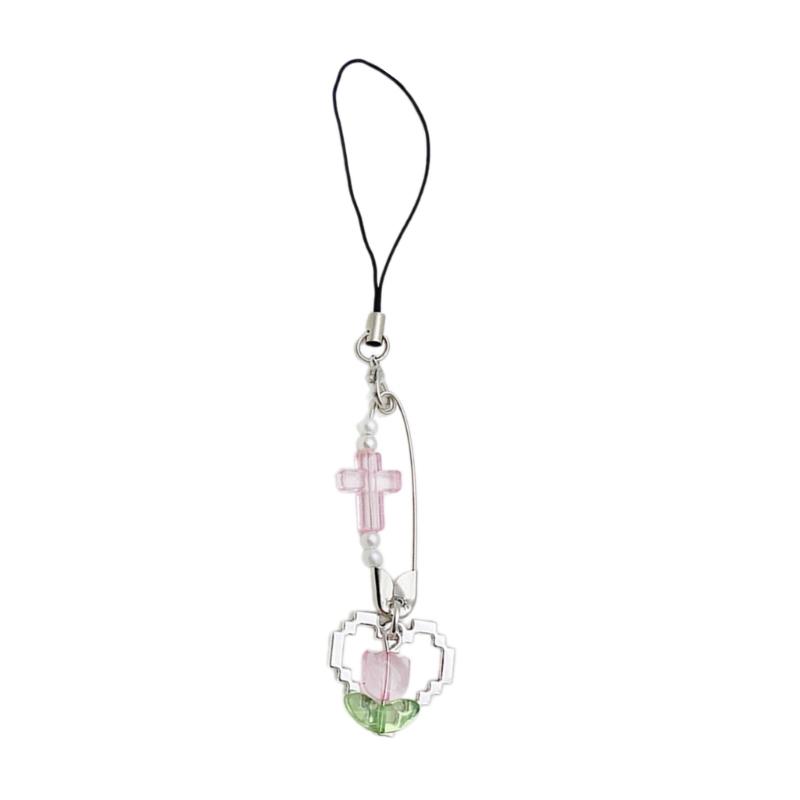 

Simple Pin Heart Flower Charm Pendant Chain Phone Strap Pocket Keychain Strap Hangings Decoration for Key Bag Purse 1 рожевий