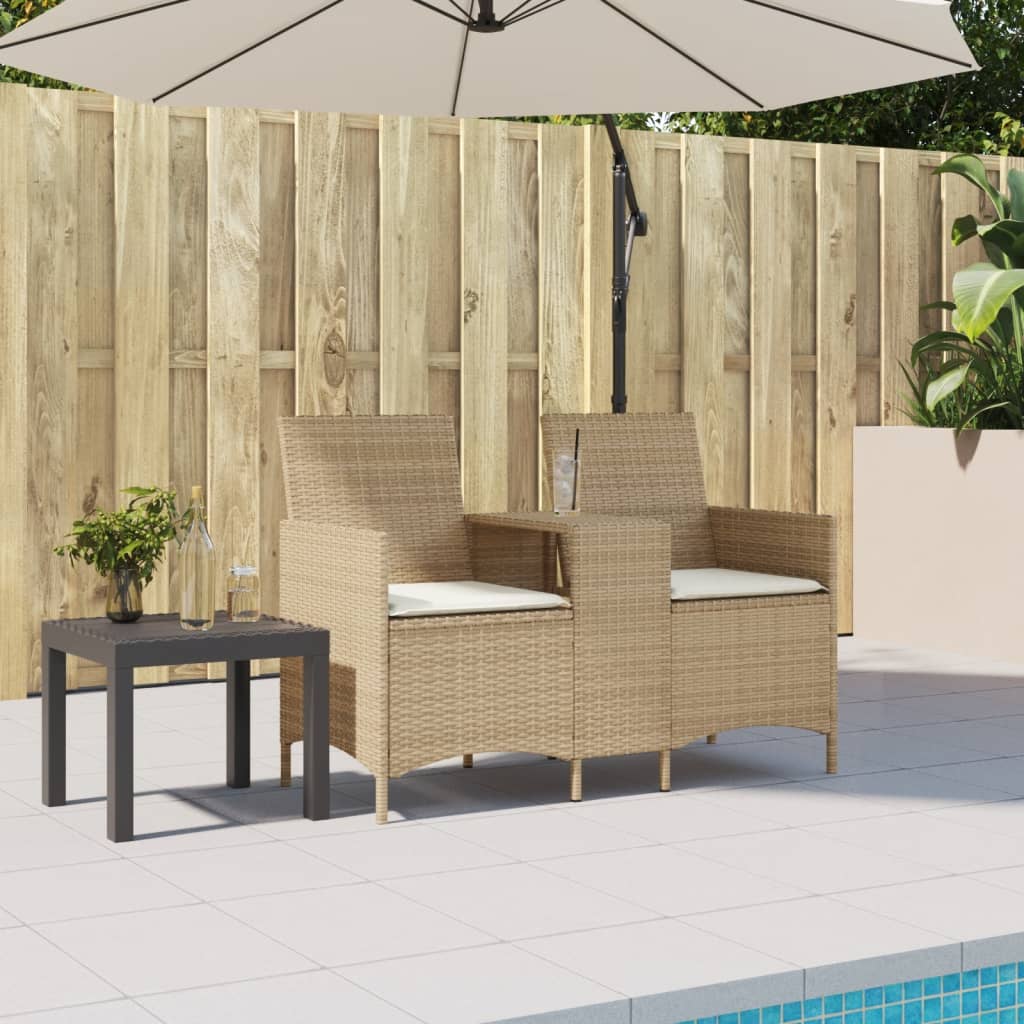 Vidaxl Garden Sofa 2-Seater. With Table And Cushions, Beige Rattan Pe
