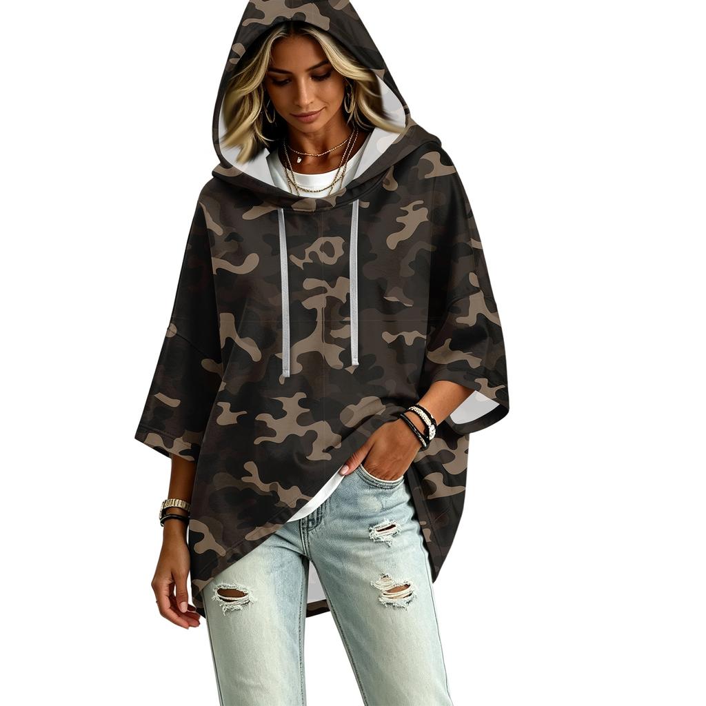 Women's Casual Camouflage Print Hooded Pullover Top with Three-Quarter Sleeves