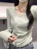 Autumn/Winter Korean Style Slim V-neck Pleated Solid Long-sleeve T-shirt