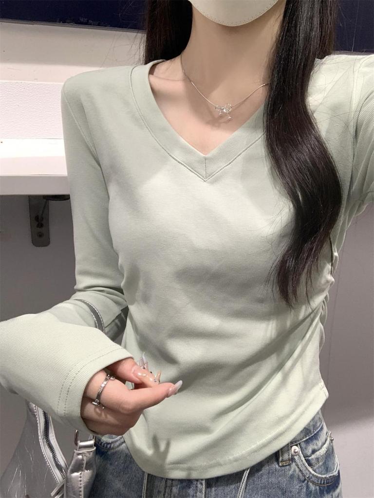 Autumn/Winter Korean Style Slim V-neck Pleated Solid Long-sleeve T-shirt