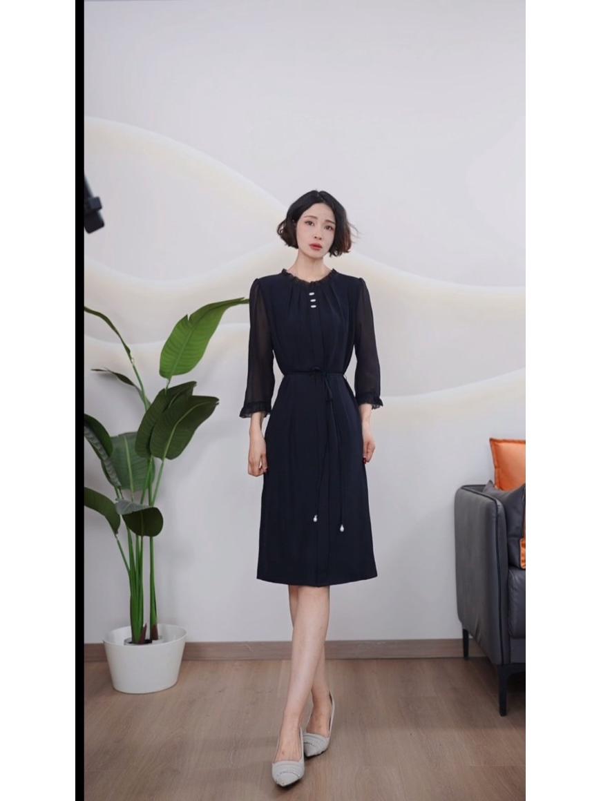 L156 Elegant Lace-up Slimming Mid-length Dress L (45-55 kg) темно-синий