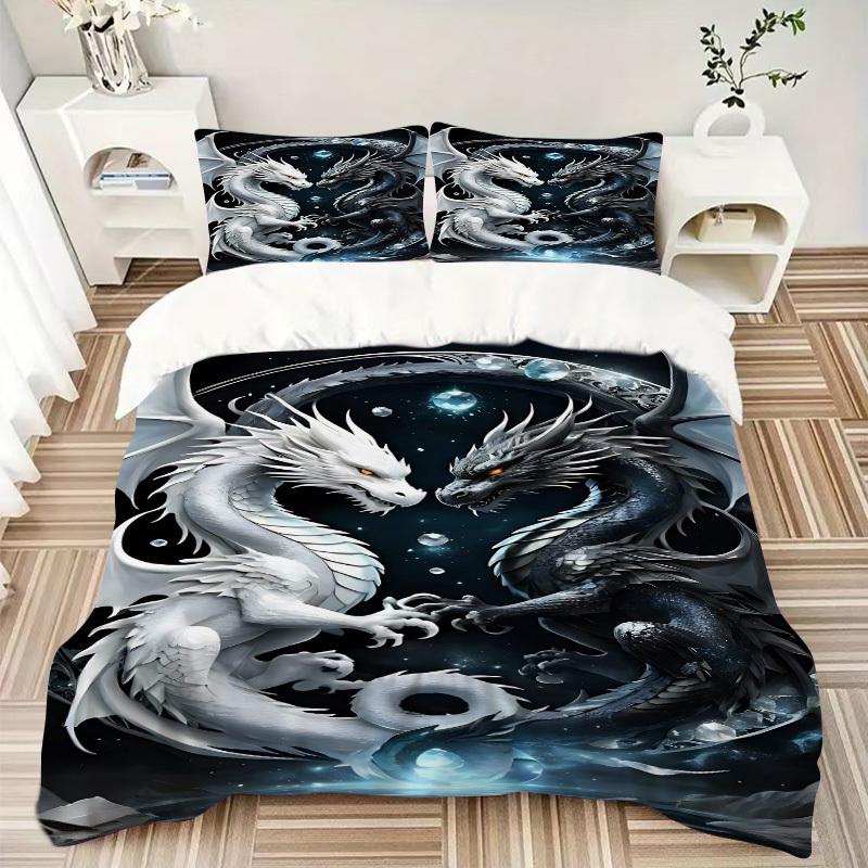 3PCs Mythical Dragons Design Cover Set, Breathable Fabric, Machine Washable (1 Duvet Cover + 2 Pillowcases) (Without Quilt) yy250911130