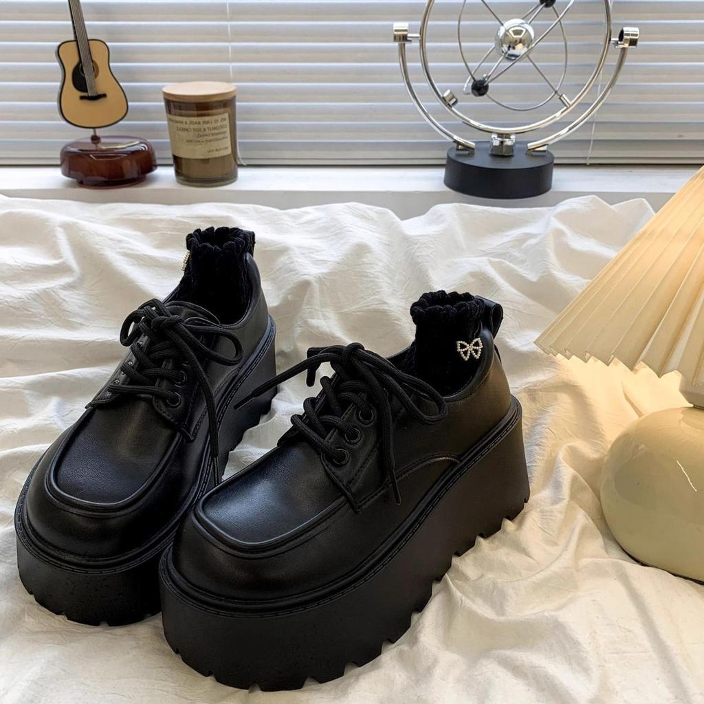 Fashion Women's Retro British Style Platform Shoes Spring Versatile Thick Bottom Pumps Round Toe Mid Heel Black Loafers Single Shoes