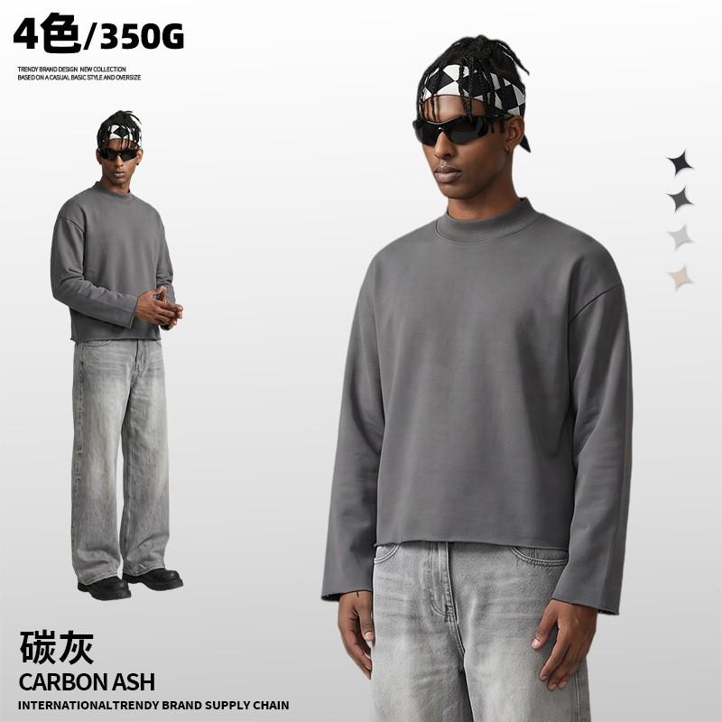 Mens Heavyweight 350g Cotton Blend Crewneck Sweatshirt With Raw Hem Loose Fit Winter Solid Color