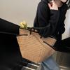 Straw Woven Shoulder Bag with Multiple Pockets Zipper Closure Handmade Braided Vacation Leisure Handbag