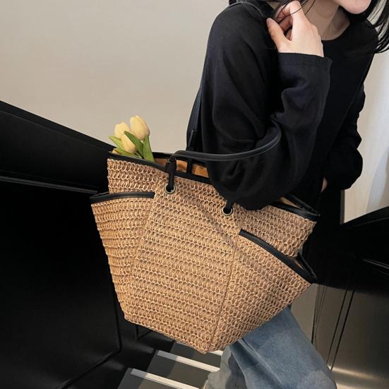Straw Woven Shoulder Bag with Multiple Pockets Zipper Closure Handmade Braided Vacation Leisure Handbag