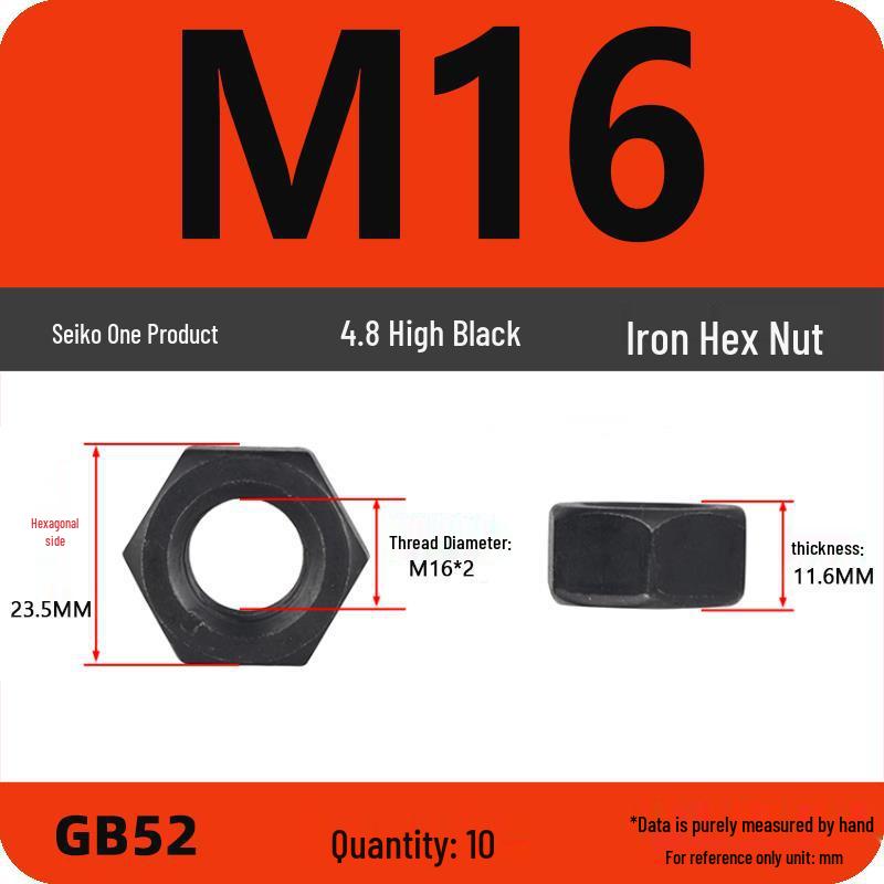 Black Galvanized Nickel-Plated Iron Hex Nut Screw Cap, GB Grades 4.8/8.8/12.9, Sizes M4/M5/M6/M8