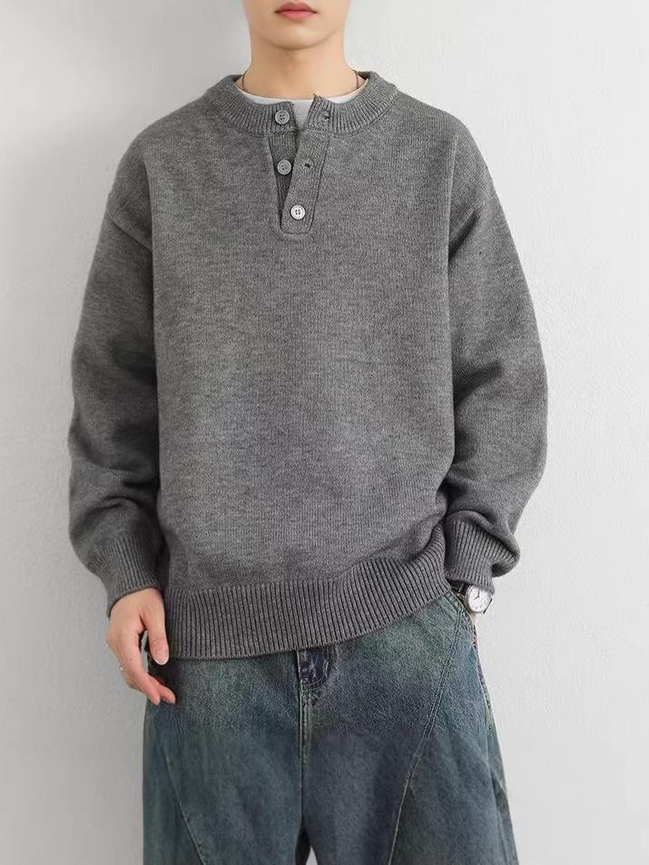 Boys' Light Grey Sweater - Autumn/Winter Trendy Brand Loose Button Knitwear