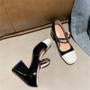 Pearl Mary Jane single shoes women's 2025 new thick heel square head one-word buckle French high heels medium heel versatile patent leather