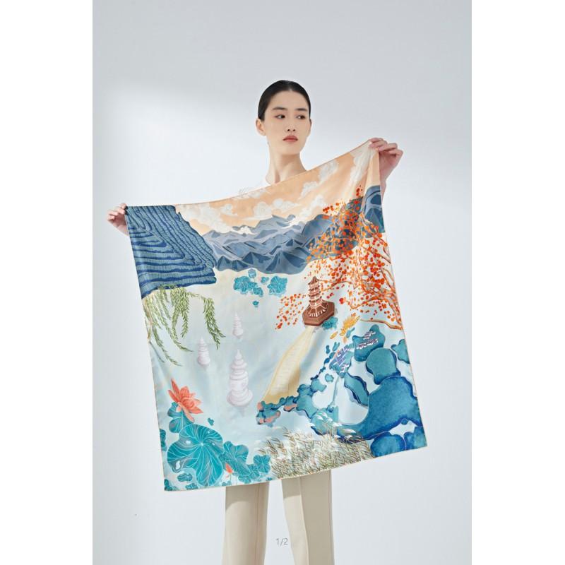 100% Mulberry Silk Square Scarf Double-sided Print Light Luxury Shawl Women Mom Fashion Accessory