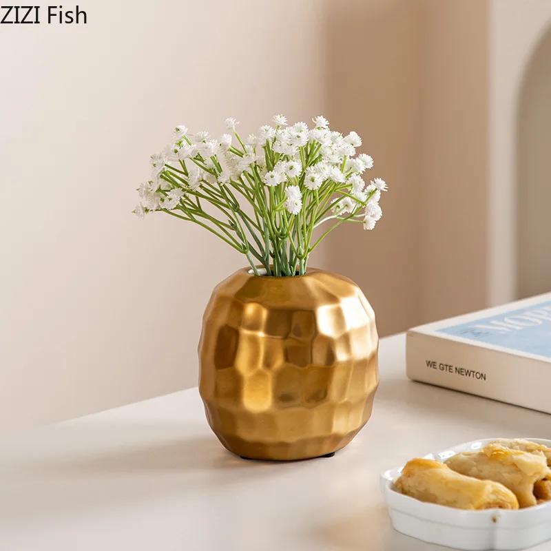 Honeycomb Texture Ceramic Vase Golden Round Plant Pots Table Decoration Flowers Arrangement Flower Vase Room Aesthetic Decor