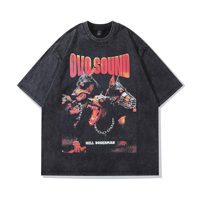 T-shirt a manica corta lavata effetto invecchiato con stampa Doberman, Direct Spray, High Street, Brand Trendy Retro Americano, Maglietta a mezza manica da uomo e da donna