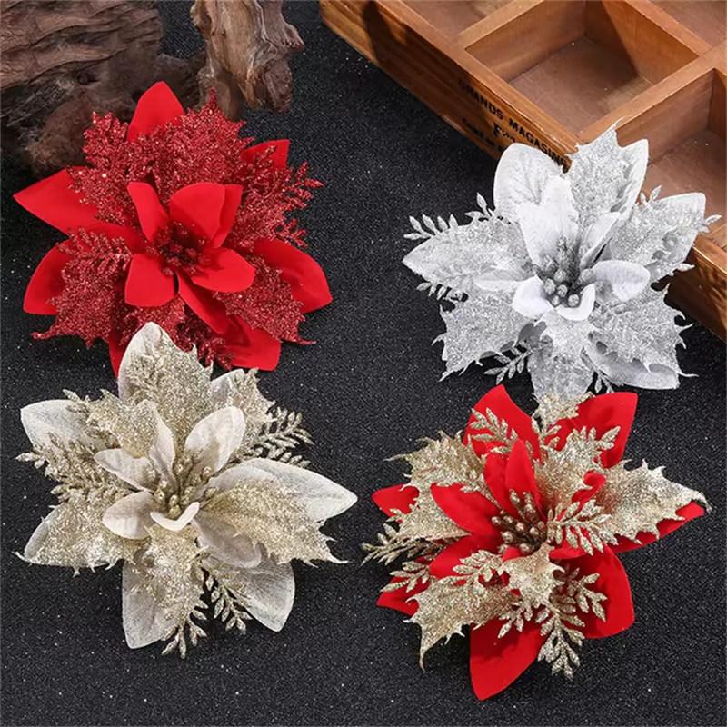 5/10 piezas Adornos de Flores de Navidad de 14,5 cm, Rosa, Rojo, Dorado, Flores Artificiales con Purpurina para Árbol de Navidad, Decoración Navideña para el Hogar
