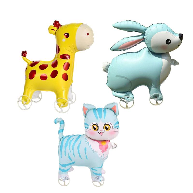 1Pc Cartoon Foil Balloon Animal Stand Walking Balloon With Wheel For Kid Birthday Party Decor Ballons Baby Shower Accessories