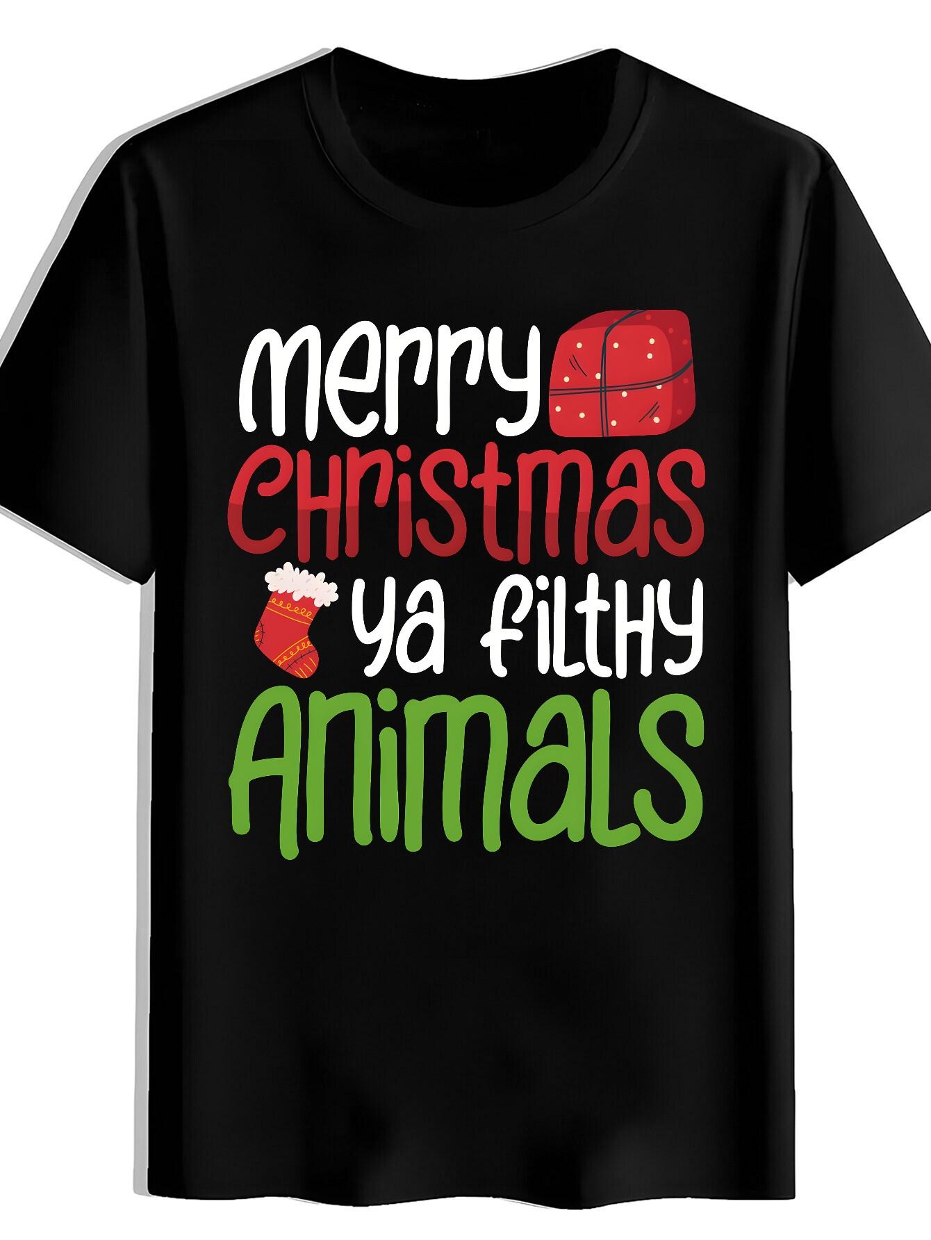 T-shirt Funny Christmas with Merry Christmas Ya Filthy Animals Slogan & Animal Print (Cows XS