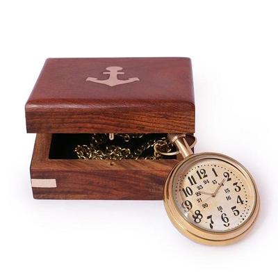 Brass Pocket Watch with Wood Box Golden Analogue Watch Long Chain Unique Gifts for Men