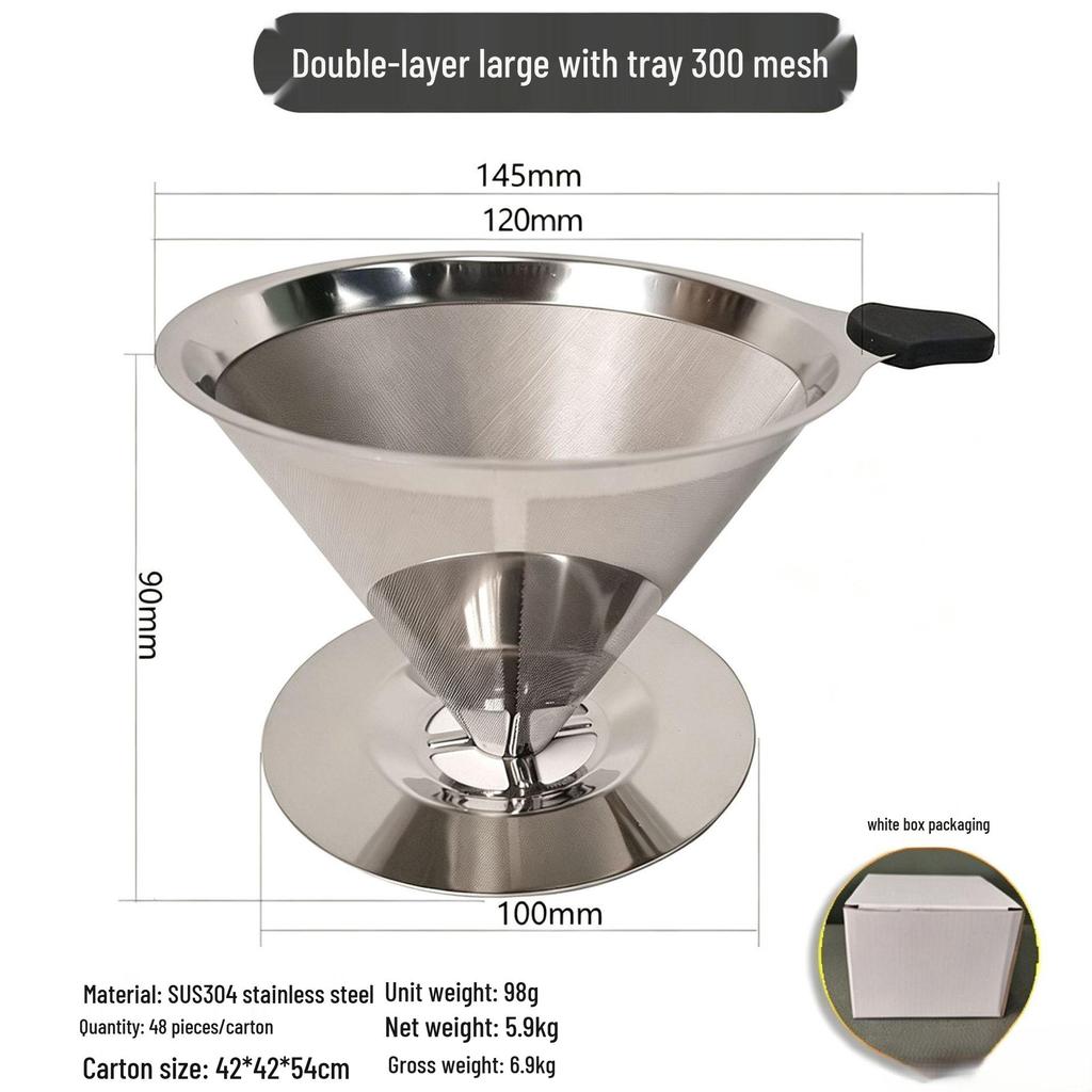 Dual-Layer 304 Stainless Steel Coffee Filter, Available in 300/600/800 Mesh, No Paper Needed for Hand Drip Brewing.