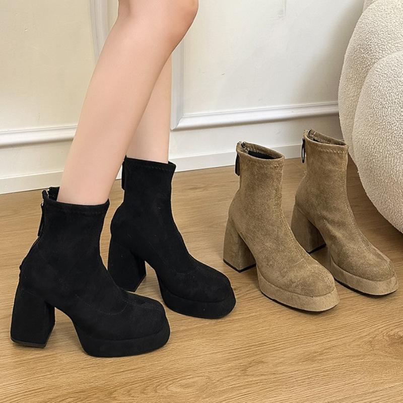 Winter Platform Thick Heels Woman Modern Ankle Boots Round Toe Party Dress Shoes Female Vintage Stretch Slim Short Booties