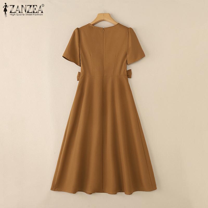 ZANZEA Women Casual Round Neck Solid Color Summer Short Sleeve Dress