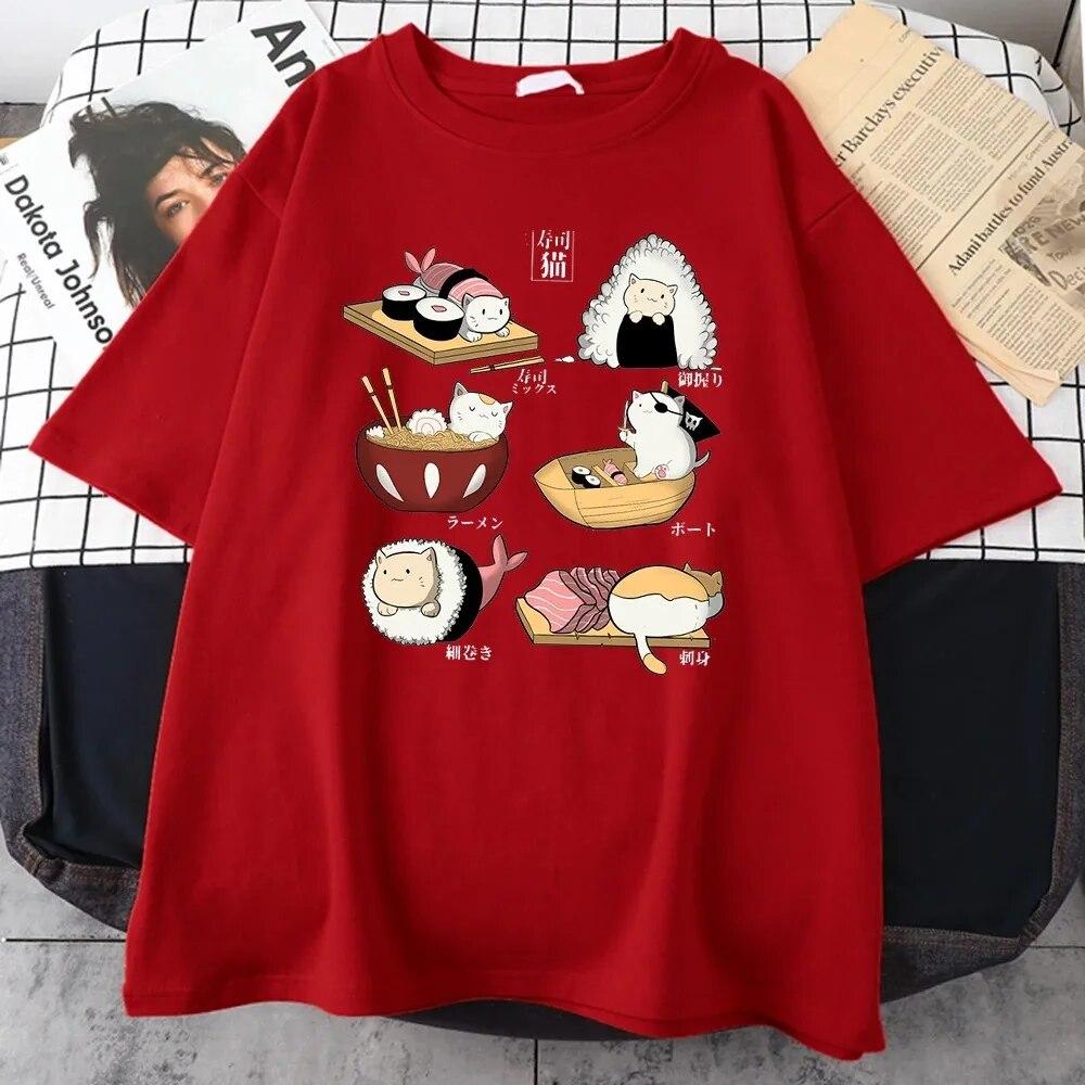 Unisex Summer Cotton Short-sleeved Gourmet Cute Cat Sushi Cartoon Style Harajuku Casual Full Math Oversized Fashion T-shirt