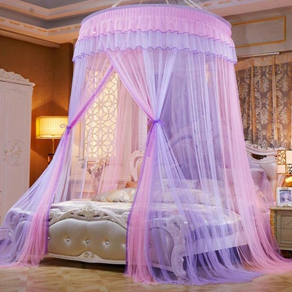 Elegant Blonder Seng Baldakin Myggnett Dome Hengende Blonder Insektsnett Kryptering Heving Tak Princess Dome Court