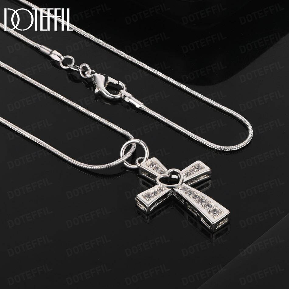 925 Sterling Silver AAA Zircon Cross Pendant Necklace Fashion Jewelry 45CM