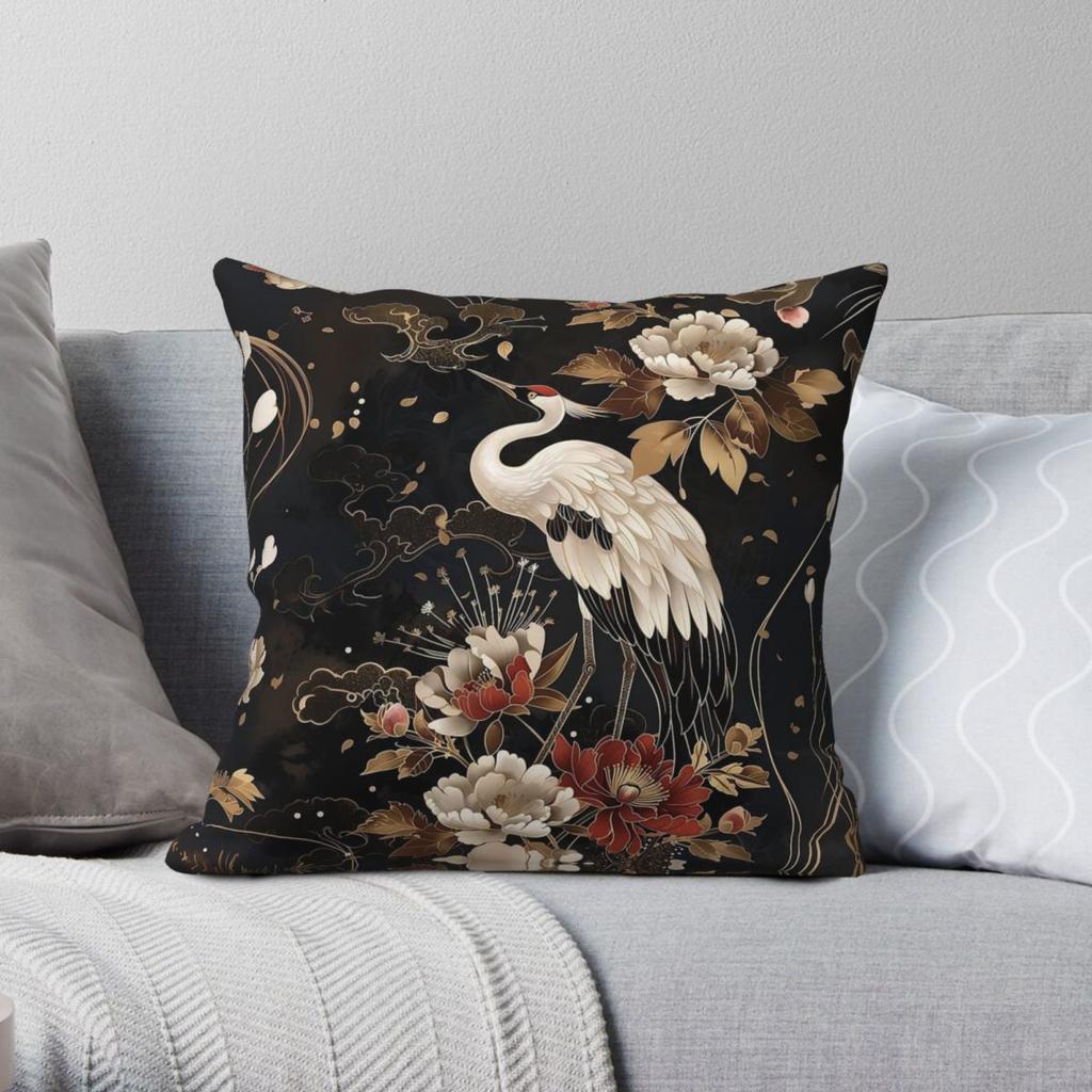 Federa Quadrata con Gru Giapponese Floreale Oro Poliestere Lino Velluto Stampata con Cerniera Decorativa Copricuscino per Casa all'Ingrosso