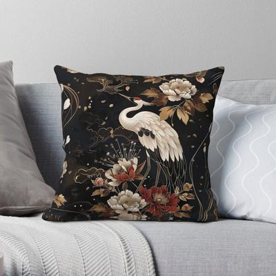 Housse de coussin carrée Grue Japonaise Dorée Florale Polyester Lin Velours Imprimée Fermeture Éclair Décorative Housse de Coussin de Maison Vente en Gros