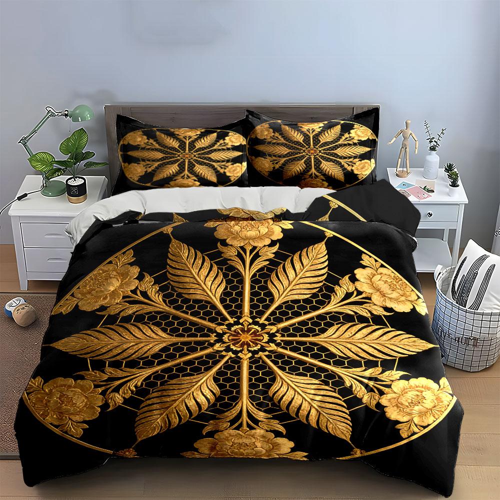 Golden Floral Decorative Three-Piece Soft Comfortable Duvet Cover Bedding Set Included 1*Duvet Cover & 2*Pillowcases, Gift