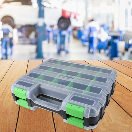 MERIGLARE 34-Compartment Tool Organizer Box, Double-Sided, Transparent Grid Design, Storage Box for Small Items, Belt Parts, Nails, Earrings, Beads, M