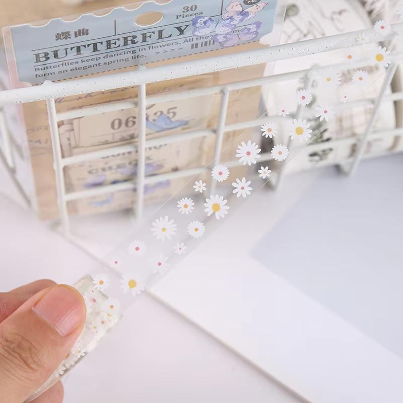 5Rolls Colorful Flowers Transparent Sticker Tape DIY Decorative PET Material Tape For Arts Sketchbook Stickers School Supplies