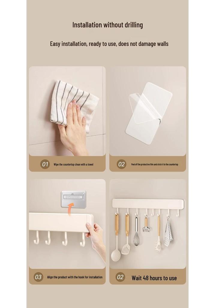 No-Drill Wall-Mounted White Kitchen Hook Rack for Pots, Lids, and Utensils