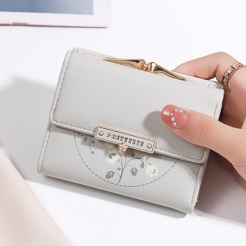 Purse women's summer new Korean PU printed buckle 3 fold bag simple all-in-one short women's money clip multi-card folding flap