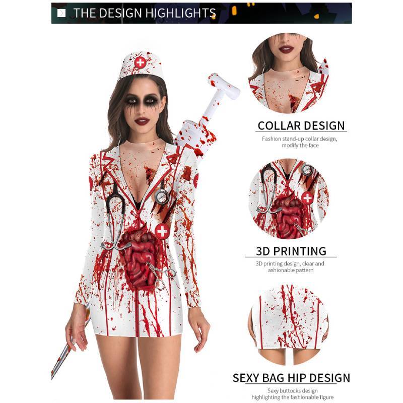 Halloween Nurse Costume Dress With Printed Pattern For Cosplay Parties
