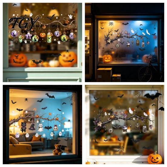 Reusable Transparent Halloween Art 2 Sheets Window Stickers, Bat Spider Web Static Cling Decals, Dark Style Haunted House Decor Ghost Pumpkin
