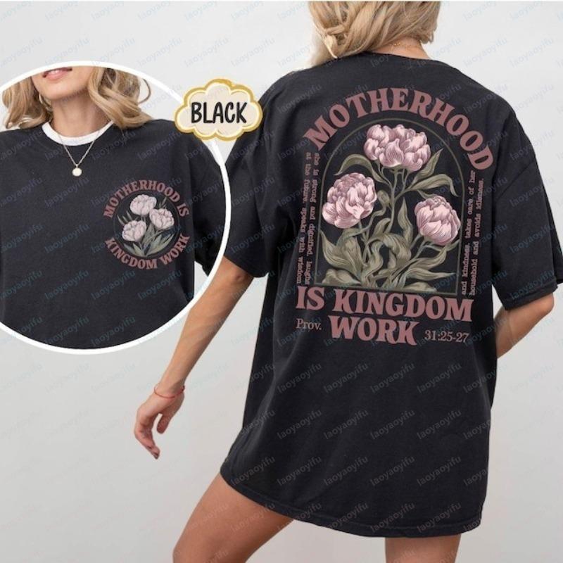 Elegant Christian Mom Cotton Tee Vintage Motherhood Is Kingdom Work Floral Women T-Shirt Mother's Day Gift Trend Clothes for Women