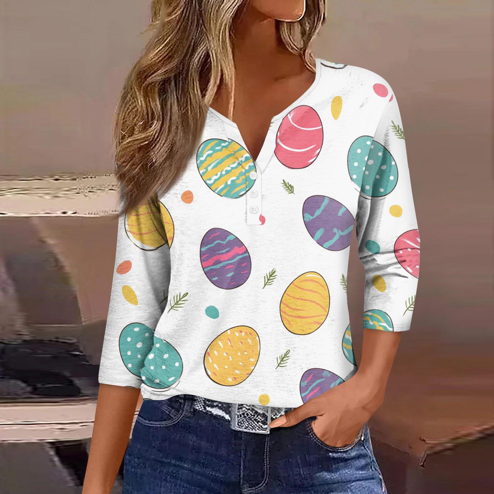 

Women s Fashion Casual Easter Printed V-neck Short Sleeve Decorative Button Seven Sleeve T-shirt Top XL білий