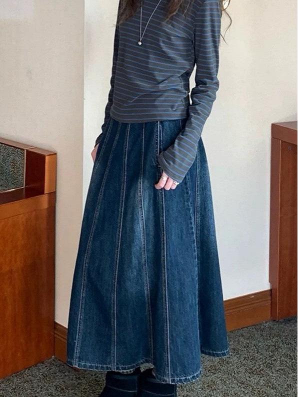 Women's American Retro Korean Style High-Waist Denim A-line Skirt - Washed Blue